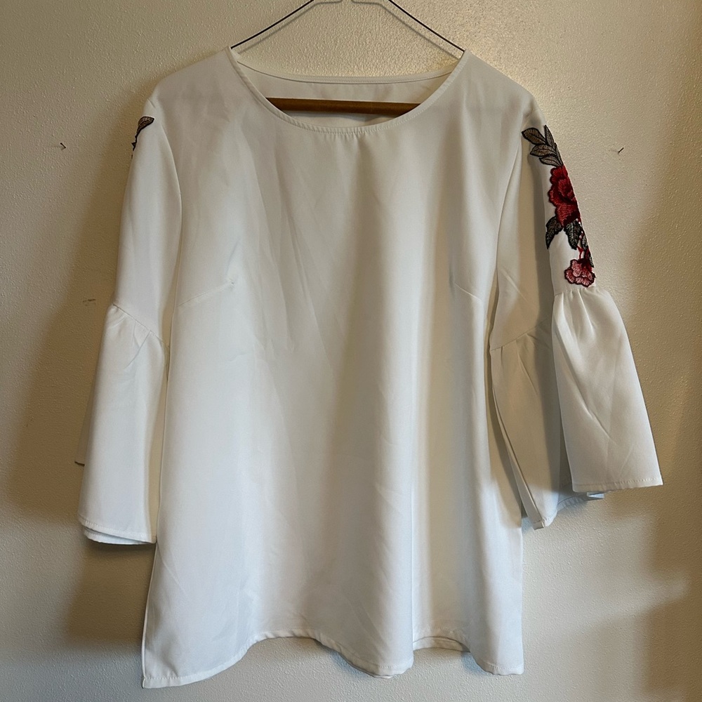 White Shirt with Embroidered Rose Sleeves 🌹